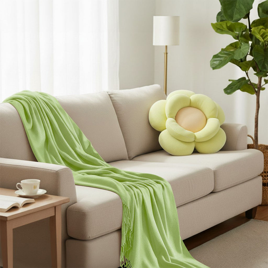 SOGA Home & Living Bundle – Green Double Flower Cushion & Acrylic Knitted Throw Blanket-1