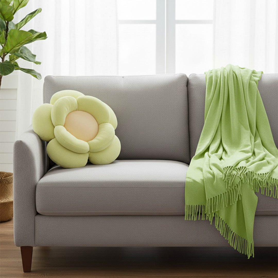 SOGA Home & Living Bundle – Green Double Flower Cushion & Acrylic Knitted Throw Blanket-2
