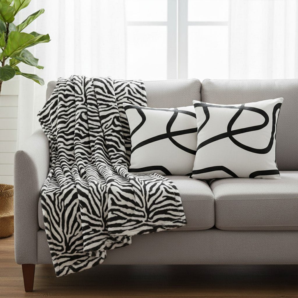 SOGA Home & Living Bundle – 2 White Letter Pillows & Black & White Zebra Throw-2